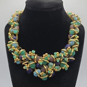 Vintage Christian Dior Gold and Multicolored Carved Scarab Beetle Necklace